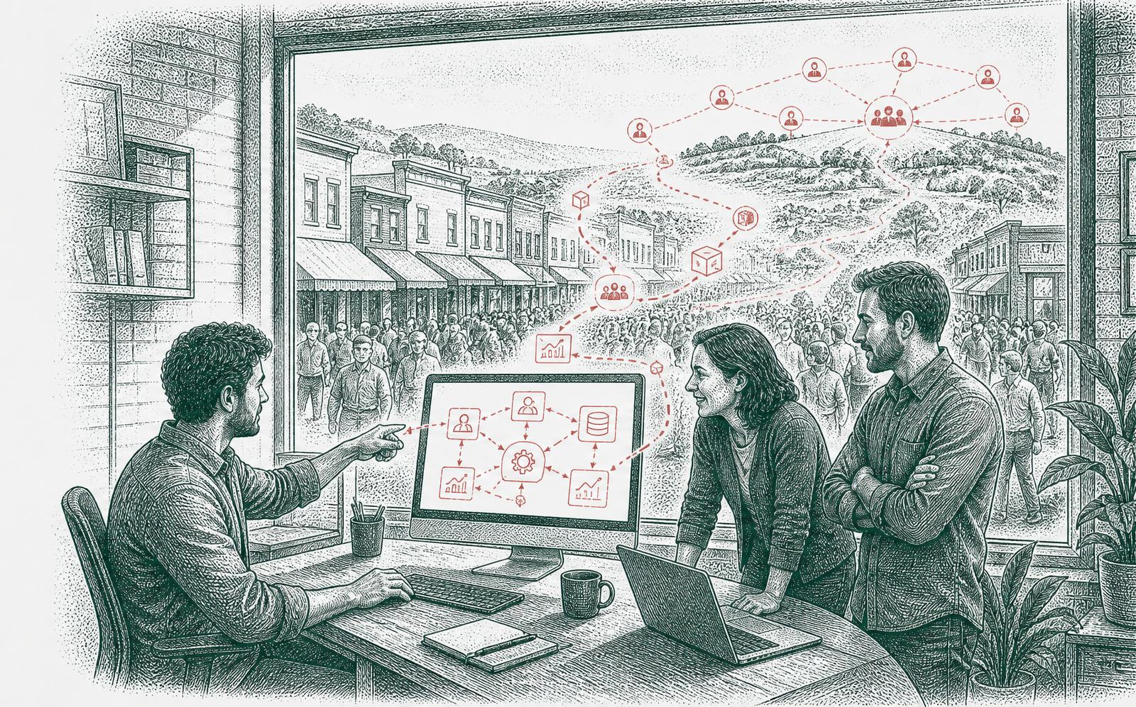 A business team and a developer at a monitor, their system drawn in red reaching past a crowded street of competitors to their own customers beyond